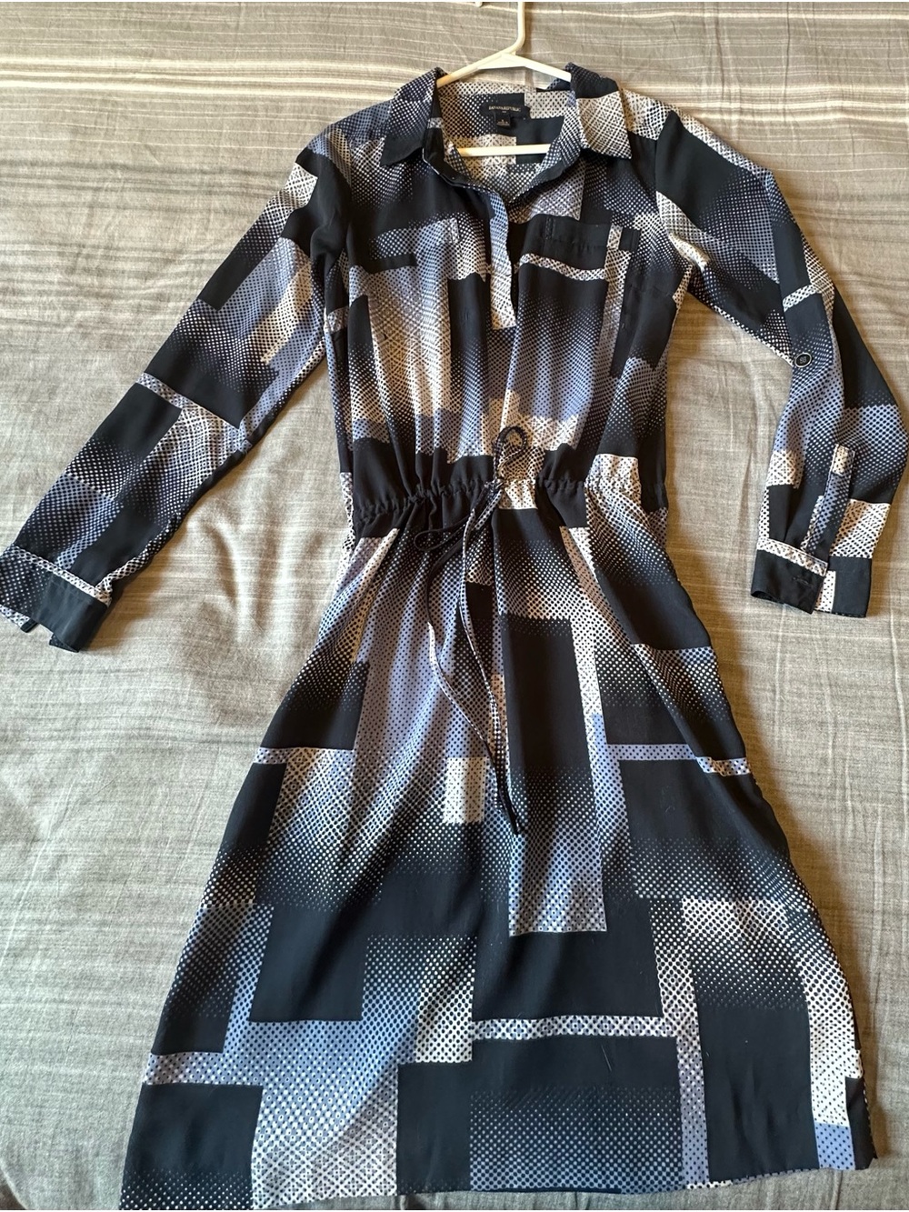 Banana Republic Navy, Blue  and Gray Geometric Long-Sleeve Shirt Dress